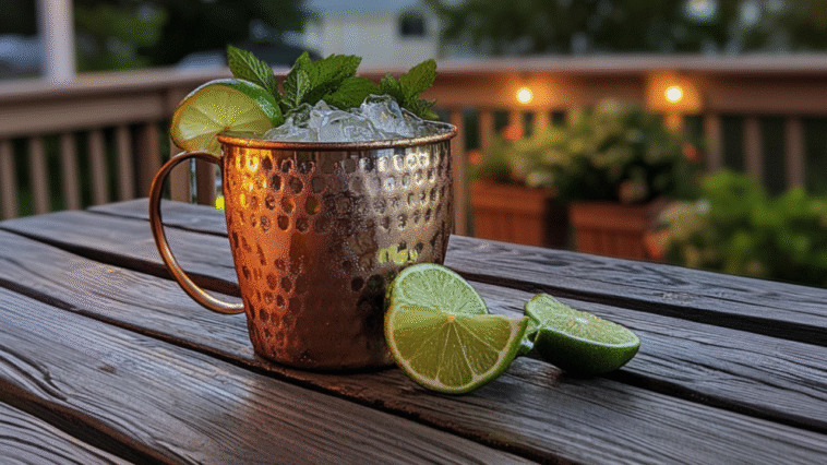 Copper mug filled with golden Tuaca cocktail, ice, fresh mint, and lime slices on a rustic table, with warm string lights and a lively outdoor bar backdrop.