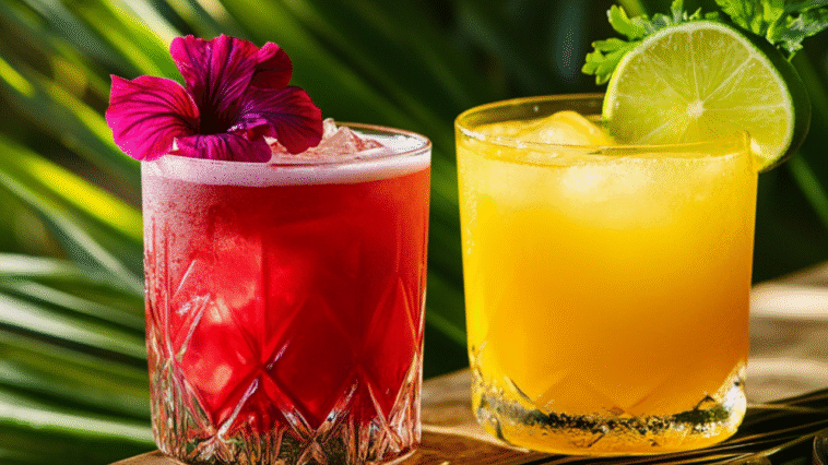 Two vibrant cocktails, one hibiscus red with a flower garnish and the other citrus yellow with lime, set against a tropical backdrop with palm leaves.