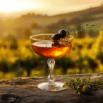 A deep amber wine cocktail in a coupe glass garnished with herbs and olives, set on rustic wood with a vineyard and warm sunset in the soft golden background.
