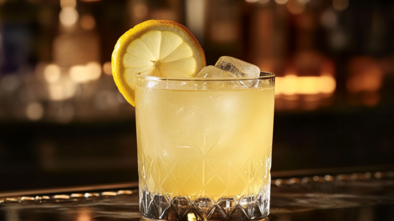 A bright yellow cocktail with ice and a lemon wheel garnish sits in a textured glass on a bar, glowing warmly against a softly blurred background.