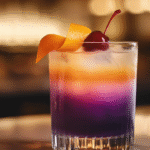 Colorful zero-proof cocktail with layered purple, orange, and pink hues, garnished with an orange peel and cherry, set in a chic lounge with warm lighting.