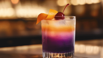 Colorful zero-proof cocktail with layered purple, orange, and pink hues, garnished with an orange peel and cherry, set in a chic lounge with warm lighting.