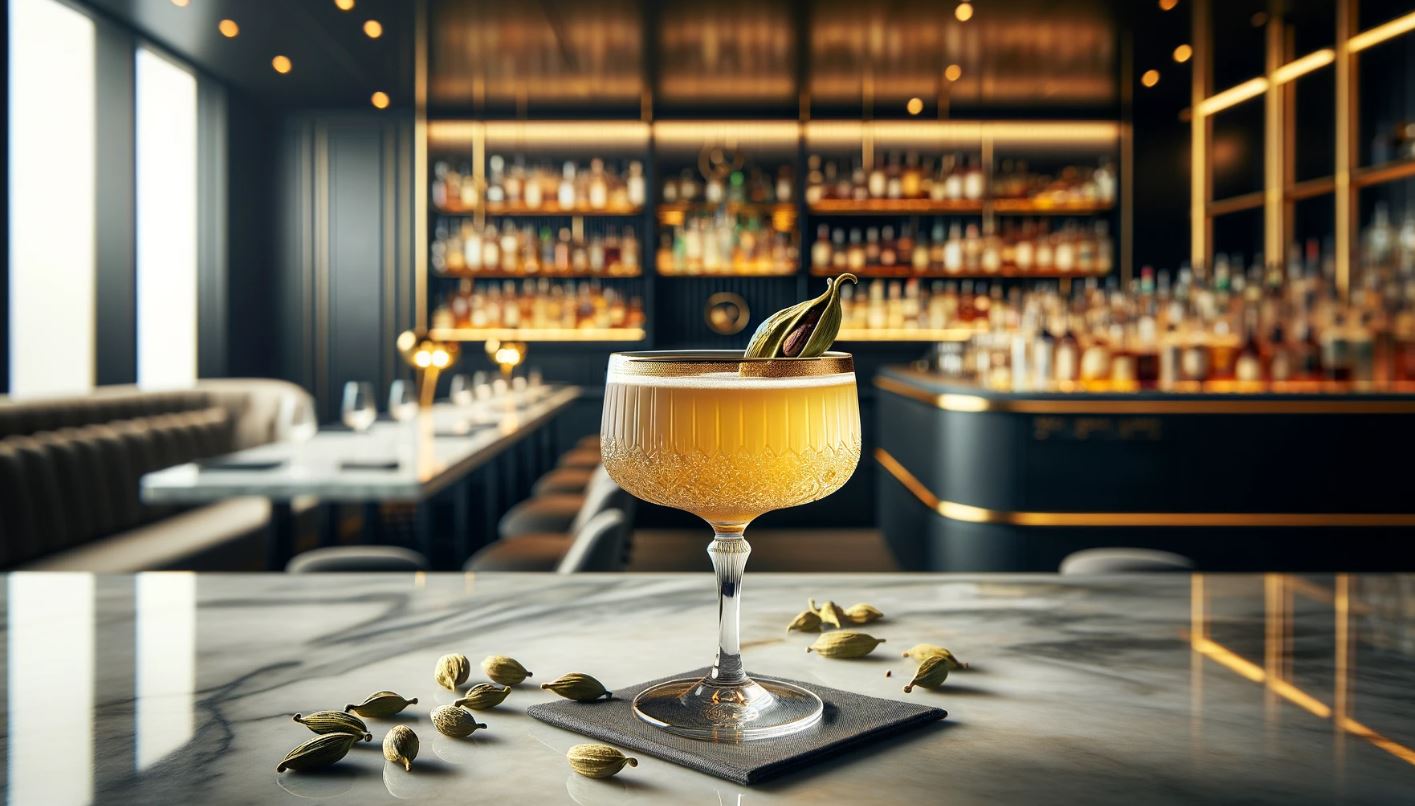 A Cardamom Cocktail in an elegant stem glass, presented on a sleek, marble countertop. The cocktail exudes a golden hue, with a garnish of a cardamom pod and a twist of lemon peel resting delicately on top. The background features a luxurious bar setting with a modern, minimalist design, soft lighting, and an array of high-end spirits on display, all captured in a landscape orientation.
