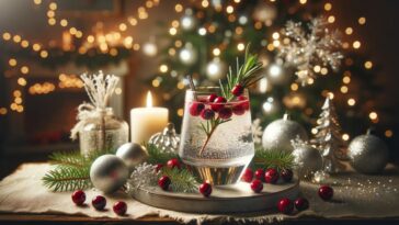 A Christmas Vodka Cocktail on a festively decorated table. The cocktail is in a sleek, modern glass, filled with a clear, sparkling vodka mixed with a splash of cranberry juice for a festive touch. Garnished with a sprig of rosemary and fresh cranberries, the drink exudes holiday cheer. The table is adorned with Christmas decorations, including small white candles, shiny baubles, and a string of twinkling fairy lights. In the background, a softly glowing fireplace and a Christmas tree with silver and red ornaments create a cozy and warm holiday atmosphere.