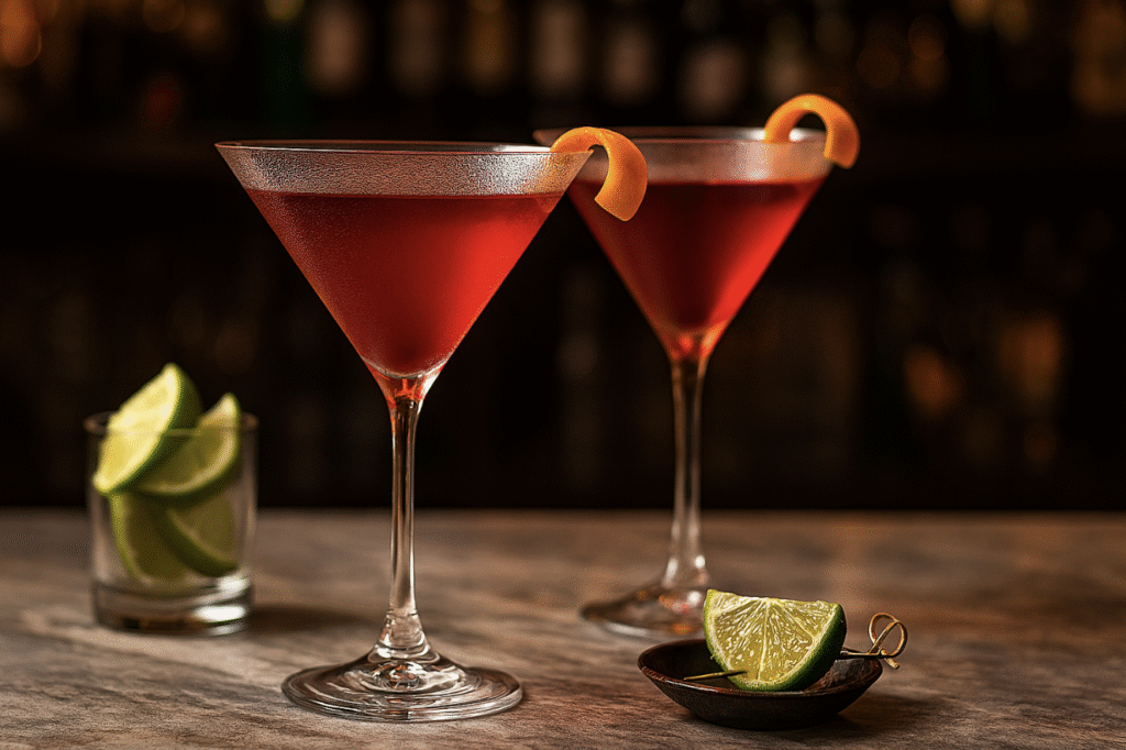 15 Classic Vodka Cocktails to Try 3 Cosmopolitan cocktail in a chilled martini glass with a citrus twist, set on a wooden table with fresh lime wedges nearby.