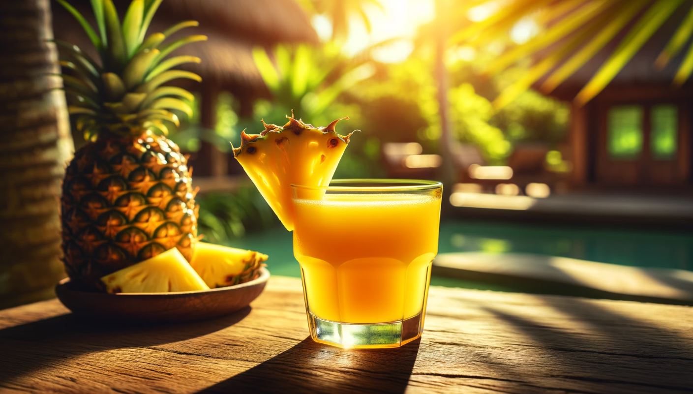 A glass of Pineapple Juice on a wooden table, the juice is a bright, sunny yellow, indicative of the fresh pineapples used. It's garnished with a wedge of pineapple on the rim of the glass, adding a tropical flair. The juice is set in a relaxed outdoor setting, with a backdrop of lush greenery and sunlight filtering through, creating a vibrant, refreshing atmosphere. The natural light highlights the rich color and the thirst-quenching nature of the pineapple juice, inviting a moment of pure enjoyment.