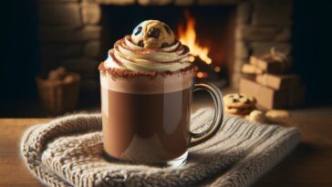 A mug of Hot Chocolate with Cookie Dough Whiskey, the drink is rich and dark, topped with a swirl of whipped cream and a sprinkle of cocoa powder. It's garnished with a small scoop of cookie dough on the rim of the mug, adding a playful, indulgent touch. The mug is set on a cozy, knitted tablecloth, with a backdrop of a crackling fireplace, creating a warm, comforting atmosphere. The soft, ambient lighting highlights the creamy texture and the rich, indulgent character of the hot chocolate, inviting a moment of relaxation and enjoyment.
