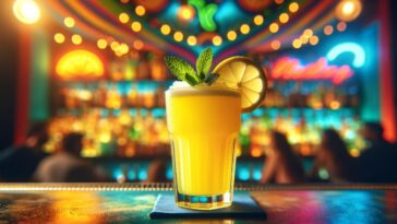 A glass of Sour Mix on a vibrant bar counter, the drink is a bright, zesty yellow, indicative of its tangy, refreshing character. It's garnished with a slice of lemon and a sprig of mint, adding a touch of freshness and color contrast. The glass is set in a lively, colorful setting, with a backdrop of a bustling bar scene, creating an atmosphere of fun and energy. The bright, ambient lighting highlights the lively color and the invigorating nature of the drink, inviting a moment of enjoyment and revitalization.