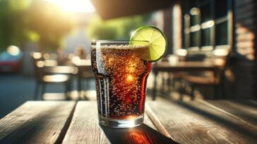 A glass of Coca Cola on a table, the drink is a dark, rich brown with bubbles rising to the surface. It's garnished with a slice of lime on the rim of the glass, adding a refreshing touch. The glass is set in a casual setting, with a backdrop of a sunny outdoor cafe, creating a laid-back, enjoyable atmosphere. The sunlight highlights the sparkling bubbles and the deep color of the Coca Cola, inviting a moment of relaxation and enjoyment.