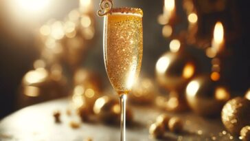A Gold Shimmery Champagne Cocktail in an elegant flute glass, the drink radiates with fine, gold edible glitter, giving it a luxurious, effervescent glow. The Champagne is a pale golden color, with bubbles gently rising to the top, enhancing the shimmering effect. It's garnished with a delicate gold sugar rim and a twist of lemon for an extra touch of elegance. The cocktail is set against a backdrop of soft, dim lighting and sophisticated decor, highlighting the opulence and festive nature of the drink.