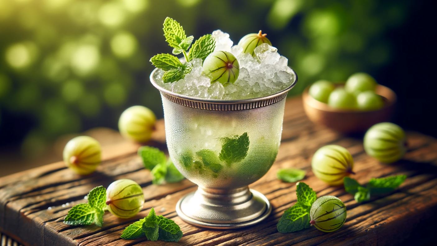 A Gooseberry Gin Julep in a traditional silver julep cup, the drink is a mix of gin and muddled fresh gooseberries, creating a refreshing, light green hue. It's topped with crushed ice and garnished with a sprig of mint and a few whole gooseberries on top. The cocktail is set on an elegant wooden surface, with a backdrop of a lush garden, providing a natural, serene atmosphere. Soft, natural light highlights the frosty appearance of the cup and the vibrant colors of the garnish.