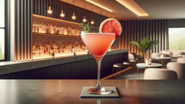 A Grapefruit Vodka Cocktail, served in a chic, stemless martini glass on a sleek, modern bar counter. The cocktail has a refreshing pink hue, a testament to the fresh grapefruit juice mixed with premium vodka. A slice of grapefruit and a sprig of rosemary garnish the drink, adding an elegant touch. The background features a contemporary bar ambiance with clean, minimalist decor, and soft, atmospheric lighting, creating a sophisticated and inviting setting.