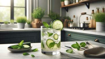 A Keto Friendly Cocktail, served in a sophisticated, tall glass on a stylish, marble countertop. The drink is crystal clear with a hint of green, signifying its health-conscious ingredients like cucumber and mint. A sprig of fresh mint and a thin cucumber slice garnish the drink, enhancing its refreshing and clean look. The background is a modern kitchen with a focus on a healthy lifestyle, featuring natural light and potted herbs on the windowsill.