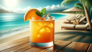 An Orange Crush Cocktail in a tall, slender highball glass, placed on a beach bar counter. The cocktail is a bright orange color, suggesting a fresh blend of orange juice and spirits, and is garnished with an orange slice and a sprig of mint. The glass is covered with droplets of condensation, indicating a cool, refreshing drink. The background features a relaxing beach scene with soft sand, a calm sea, and a clear sky, capturing the essence of a beach vacation. The image is in landscape orientation.