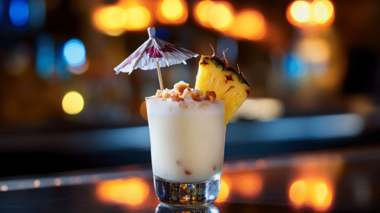 Top 9 Malibu Shots to Drink 1 A creamy white Malibu shot topped with toasted coconut and a pineapple slice, finished with a paper umbrella, glowing under warm golden bar lights.