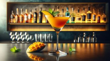 A Mango Vodka Cocktail, served in an elegant martini glass on a sleek, modern bar counter. The cocktail boasts a vibrant orange color, reflecting the rich flavor of ripe mangoes blended with smooth vodka. A slice of fresh mango adorns the rim of the glass, and a mint leaf adds a touch of green, complementing the tropical theme. The background is a contemporary bar setting with ambient, stylish lighting and a selection of high-end spirits displayed in the background.