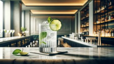 A Gin Rickey cocktail, elegantly served in a tall highball glass on a sophisticated marble countertop. The drink is refreshingly clear with a hint of lime, showcasing the classic combination of gin, sparkling water, and fresh lime juice. A lime wheel rests on the rim of the glass, and a sprig of mint adds a touch of greenery, enhancing the cocktail's crisp and refreshing look. The background features a minimalist, high-end bar setting with a calm and refined atmosphere.
