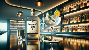 A classic Seagram's Gin Cocktail scene showcasing an elegant and modern bar setting. The scene features a stylish cocktail glass filled with a crystal-clear Seagram's Gin cocktail, ice cubes gently resting within. A twist of lemon zest and a sprig of rosemary garnish the drink, adding a vibrant contrast. Beside the glass, a distinguished bottle of Seagram's Gin stands, its iconic label symbolizing quality and tradition. The backdrop is a sleek, contemporary bar, with ambient, sophisticated lighting and shelves adorned with an assortment of premium spirits, reflecting an atmosphere of refined taste and modern luxury.