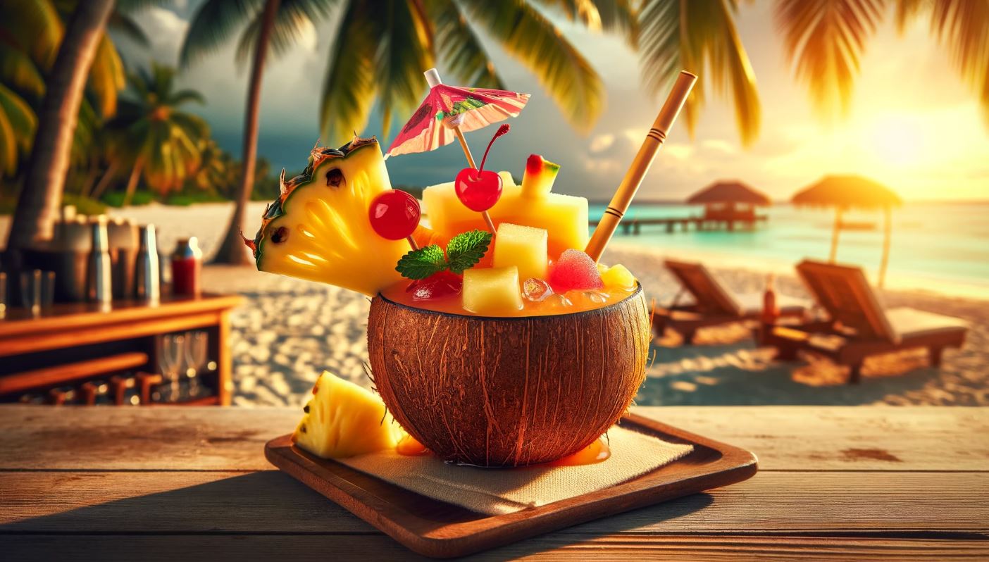 A Tropical Drink in a coconut shell, garnished with a pineapple slice, a maraschino cherry, and a small umbrella. The drink has a delightful mix of tropical fruit juices, giving it a vibrant, multicolored appearance. It's served with a bamboo straw, adding to its exotic charm. The drink is set on a beachside bar, with a picturesque view of the ocean, palm trees, and a beautiful sunset in the background, creating a perfect tropical paradise setting.