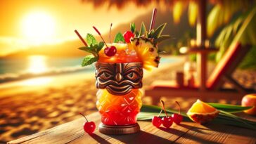 A Tropical Mai Tai Mocktail in a decorative tiki glass, the drink is a layered combination of rich orange and bright red hues, suggesting a mix of tropical fruit juices. It's garnished with a vibrant array of fruit, including a slice of pineapple, a cherry, and a sprig of mint, adding to the exotic, festive vibe. The mocktail is set on a beachside table with a view of the ocean in the background, evoking a sense of tropical paradise. The warm, golden sunlight casts a radiant glow on the drink, highlighting its colorful, refreshing appearance.
