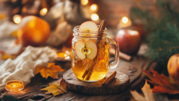 Golden apple cider mocktail in a mason jar, filled with bubbles, cinnamon sticks, and apple slices, set on a rustic table with fall leaves and warm lighting.