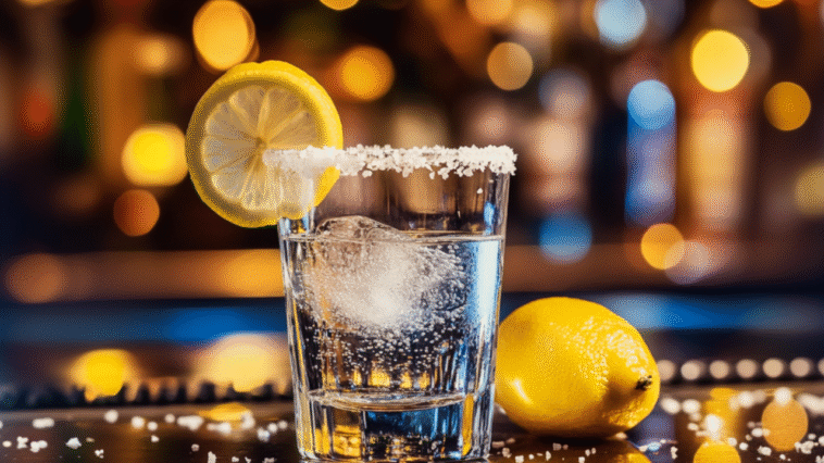 A crystal-clear shot with a salted rim, ice, and lemon slice garnish, served in a bar lit with warm golden tones and blurred bottle lights in the background.