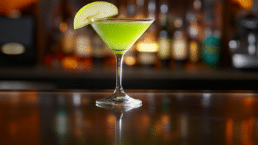 Bright green mocktail in a martini glass, garnished with a fresh apple slice, set on a sleek bar counter with warm lighting and blurred bottles behind.