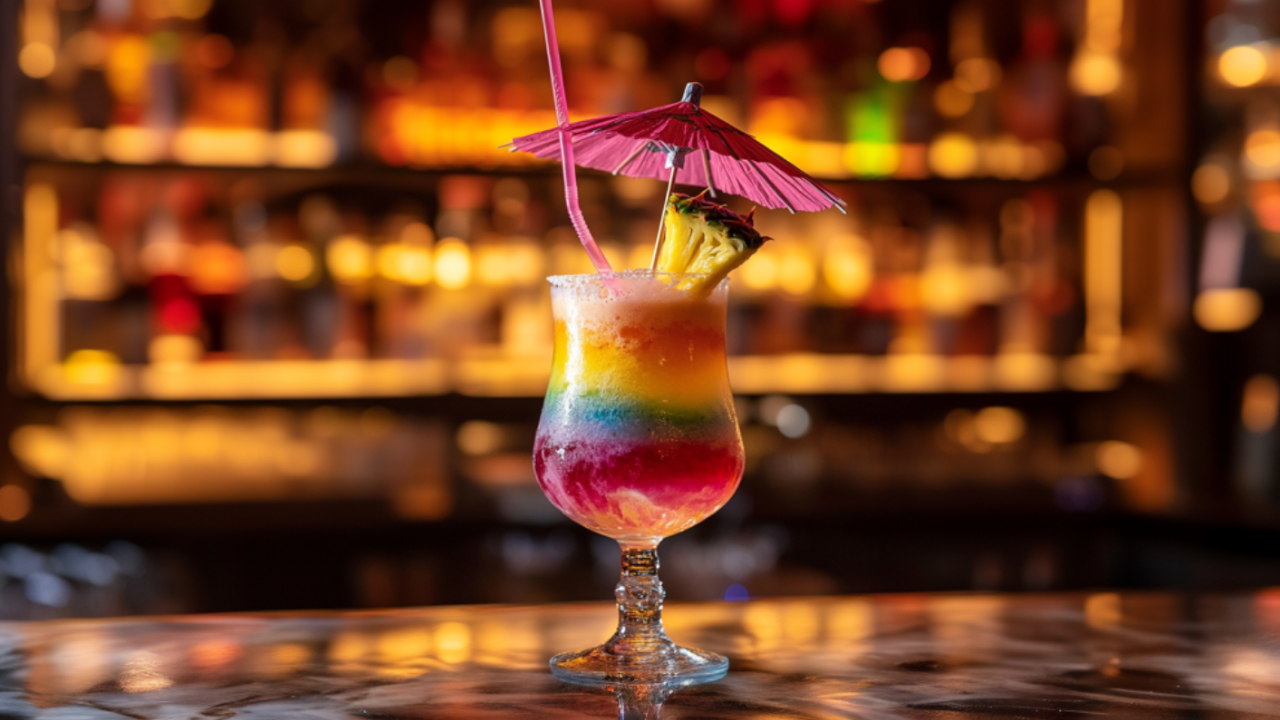 A colorful rainbow blended cocktail with a pink umbrella and pineapple garnish sits on a sleek bar, glowing under warm lights and shelves of spirits.
