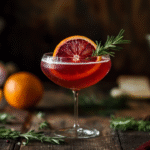 Deep red blood orange mocktail in a coupe glass, garnished with a citrus slice and rosemary, set on a moody table with soft lighting and scattered herbs.