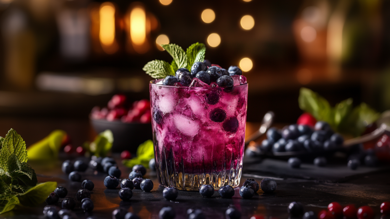 Deep purple blueberry mocktail in a textured glass packed with ice, fresh blueberries, and mint, surrounded by scattered berries under soft golden lights.