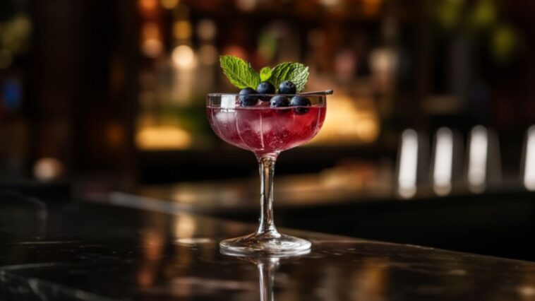 9 Must-Try Blueberry Tequila Cocktails 1 Blueberry tequila cocktail with mint and berries in an elegant glass, on a chic bar counter with soft lighting and modern, stylish decor in the background.