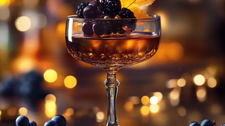 Rich amber brandy cocktail in an elegant glass, topped with dark berries, surrounded by grapes, spices, and soft golden light in a luxurious bar setting.