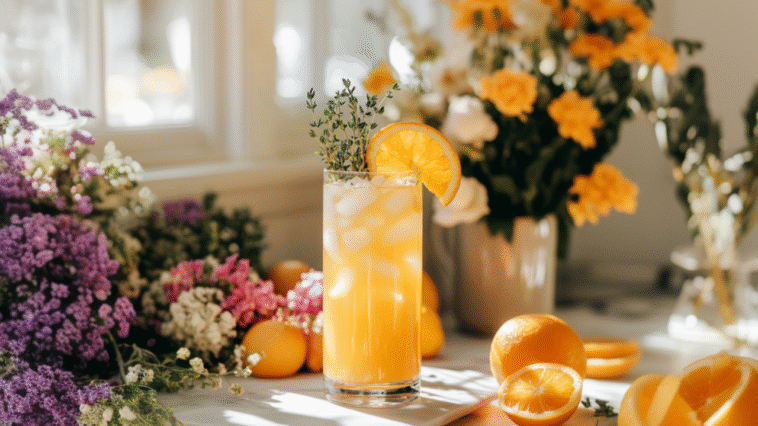 Bright orange brunch mocktail in a tall glass with ice, garnished with an orange slice and thyme, set among colorful flowers and fresh citrus in sunlight.