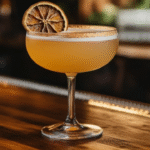 Rich amber cocktail in a coupe glass, garnished with a dried orange slice, set on a wooden table in a warm, softly lit bar with golden tones and shelves.