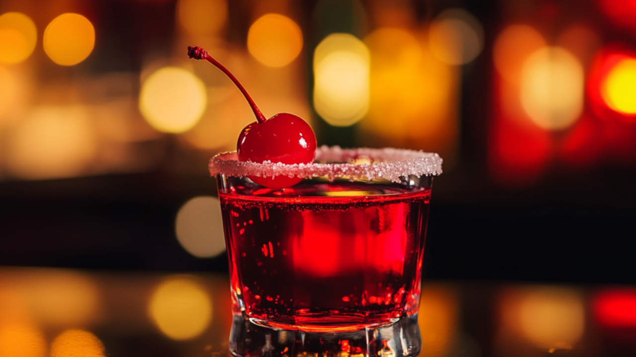 A vibrant red cherry shot served in a clear glass with a sugar rim and cherry garnish, glowing warmly under soft bar lighting.