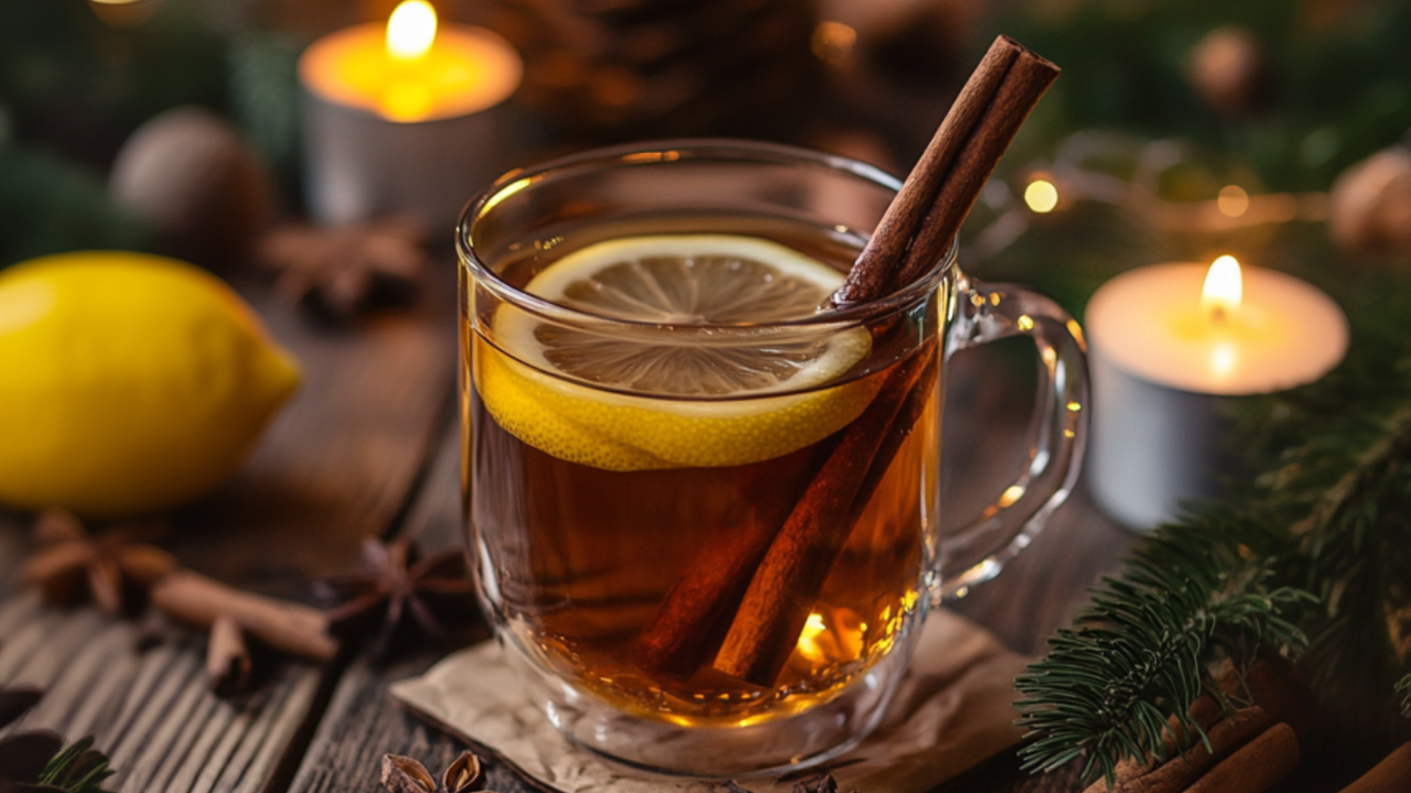 Warm amber cocktail in a clear mug with lemon slices and a cinnamon stick, set on a rustic table with cozy lighting, candles, and spices all around.