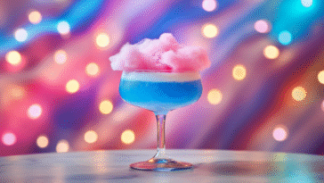 Bright blue and pink cotton candy mocktail in a coupe glass, topped with fluffy pink cotton candy, set against a colorful swirled background with soft lights.