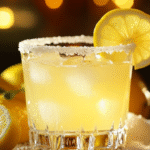 A bright yellow shot with ice, sugar rim, and lemon slice in a clear glass, surrounded by fresh lemons and glowing bar lights in the background.