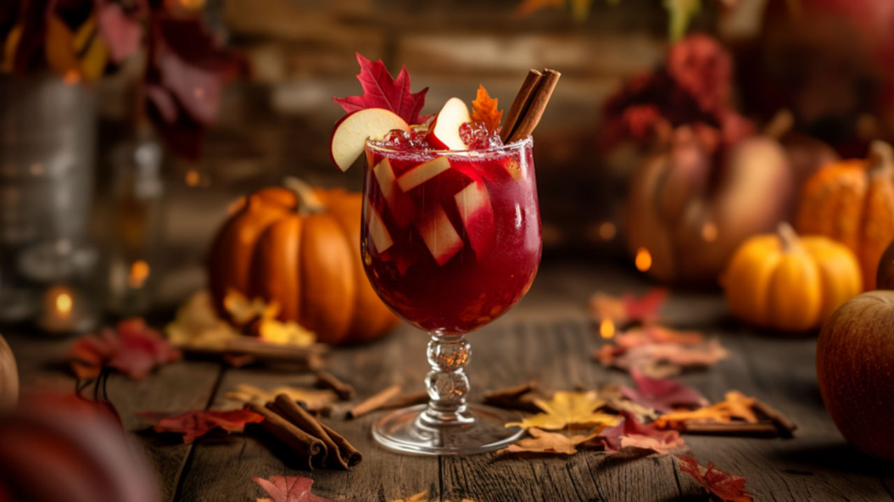 Deep red fall mocktail in a goblet glass, garnished with apple slices, cinnamon sticks, and a maple leaf, surrounded by autumn leaves and pumpkins.
