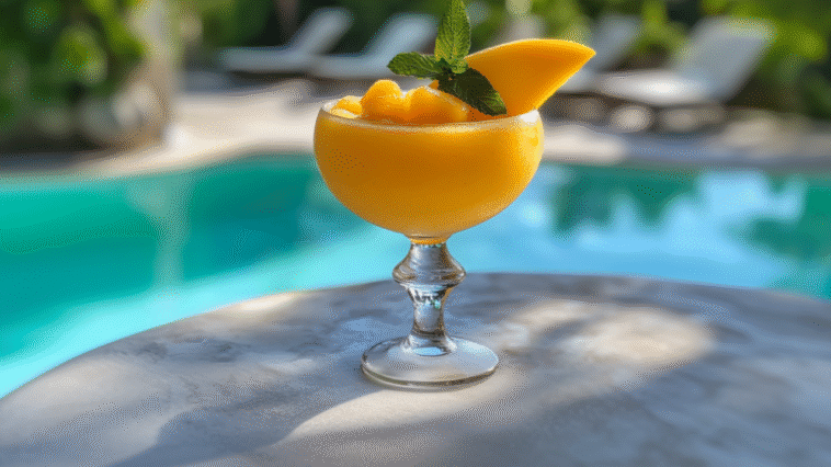 Top 8 Frozen Mango Cocktails to Drink 1 Bright orange frozen mango cocktail in a curvy glass, topped with a mango slice and mint, sitting poolside under the sun with a beachy backdrop.