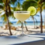 Frozen lime margarita in a stemmed glass with salted rim, lime wheel, and umbrella on a beach bar, with palm trees, sand, and blue sky in the background.