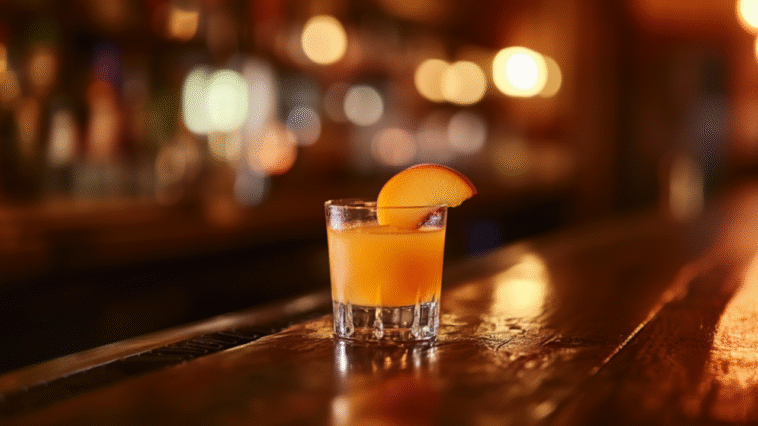 An orange-colored fruity shot served in a short glass with a peach slice garnish, glowing warmly under cozy bar lighting on a polished wooden counter.
