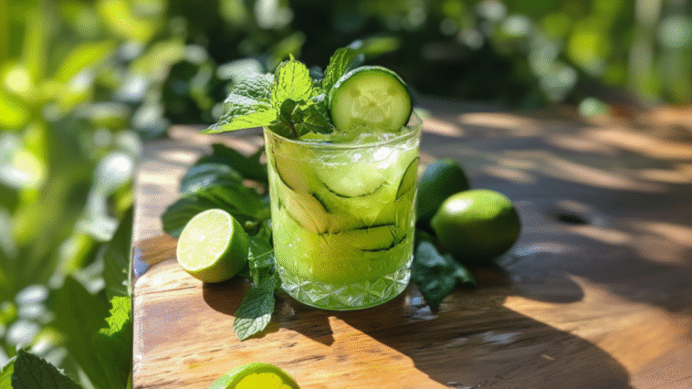 Green mocktail in a short glass with ice, mint, and lime slices, set on a wooden table surrounded by fresh herbs in natural sunlight.