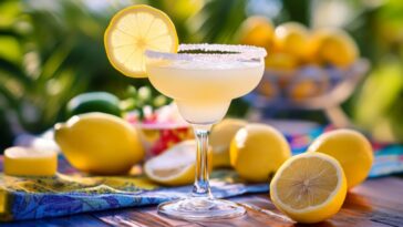 Lemon tequila cocktail in a margarita glass with a salted rim and lemon wheel, set on a sunny outdoor bar with colorful, festive summer decor.