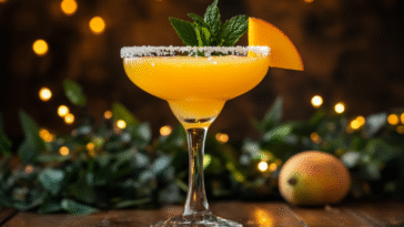 Mango tequila cocktail in a salt-rimmed margarita glass with mango slice and mint, set on a wooden counter with patio lights and greenery in the background.