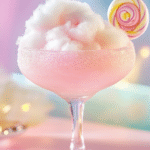 Light pink cotton candy mocktail in a curvy glass, topped with fluffy cotton candy and a swirl lollipop, set on a pastel table with playful decor.
