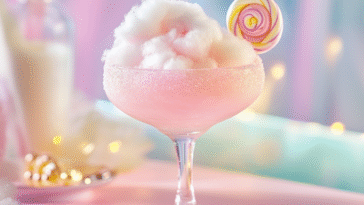 Light pink cotton candy mocktail in a curvy glass, topped with fluffy cotton candy and a swirl lollipop, set on a pastel table with playful decor.
