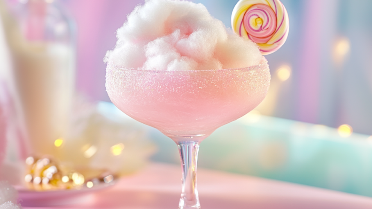 Light pink cotton candy mocktail in a curvy glass, topped with fluffy cotton candy and a swirl lollipop, set on a pastel table with playful decor.