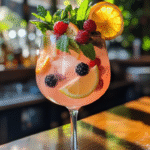 Light pink non-alcoholic cocktail in a wine glass, filled with citrus slices, berries, and mint, set in a bright, plant-filled bar with natural sunlight.