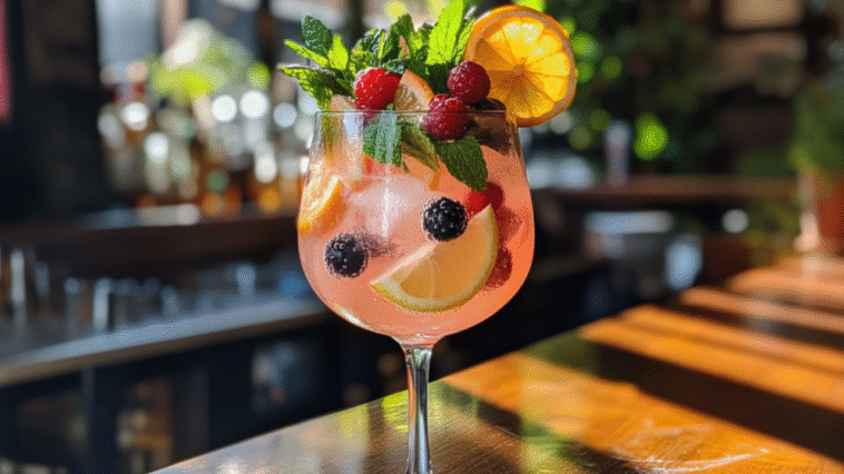 38 Easy and Delicious Mocktails to Try at Home 1 Light pink non-alcoholic cocktail in a wine glass, filled with citrus slices, berries, and mint, set in a bright, plant-filled bar with natural sunlight.